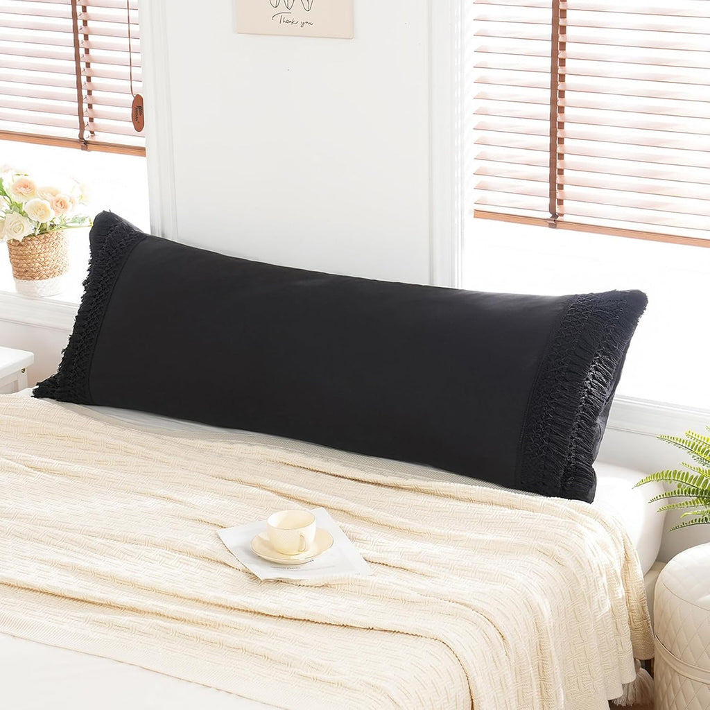 Moveover MOVE OVER Black Body Pillow Cover 20x54 Macrame Tassel Decor Design Boho Body Pillow Case Cover with Pocket Closure Black