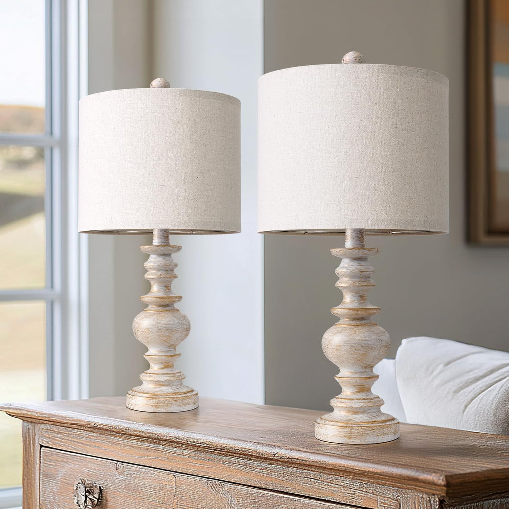 BOBOMOMO 20" Retro Table Lamps Set of 2 - Farmhouse Lamp for Living Room with Linen Shades, Rustic Bedside Nightstand Lamps, Resin Lamps…