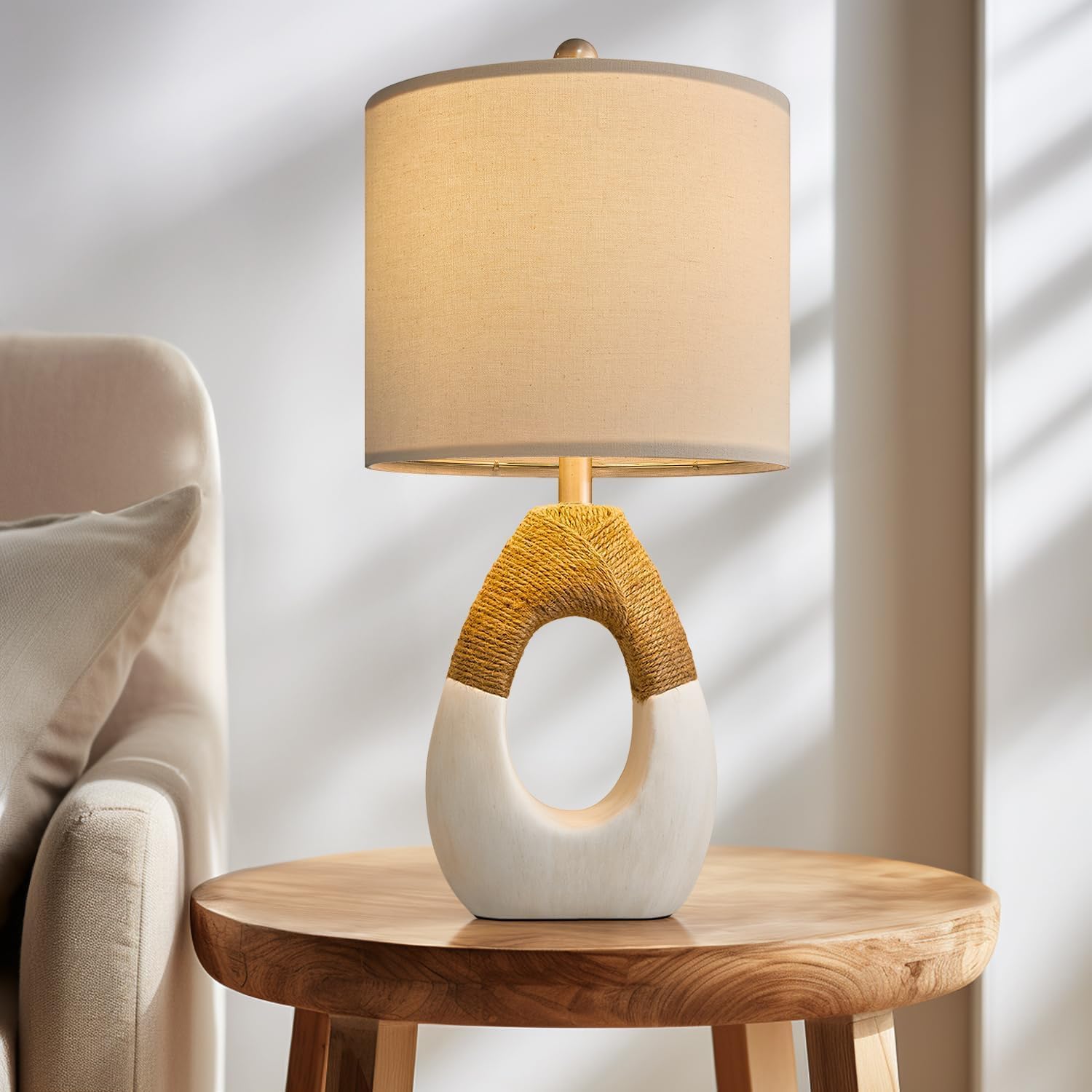 OYEARS 19” Boho Table Lamps Bedroom Living Room, Suitable for Small Space, Farmhouse Rattan Lamp Rustic Egg Design Resin Nightstand Bedside…