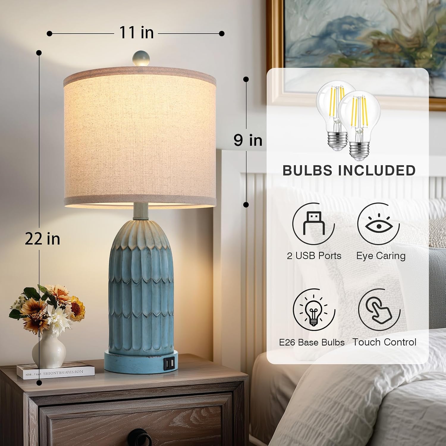 Cinkeda Coastal Table Bedside Lamps Set of 2, Farmhouse 3-Way Dimmable Touch Nightstand Lamp with 2 USB Charging Ports, Vintage Bedside…