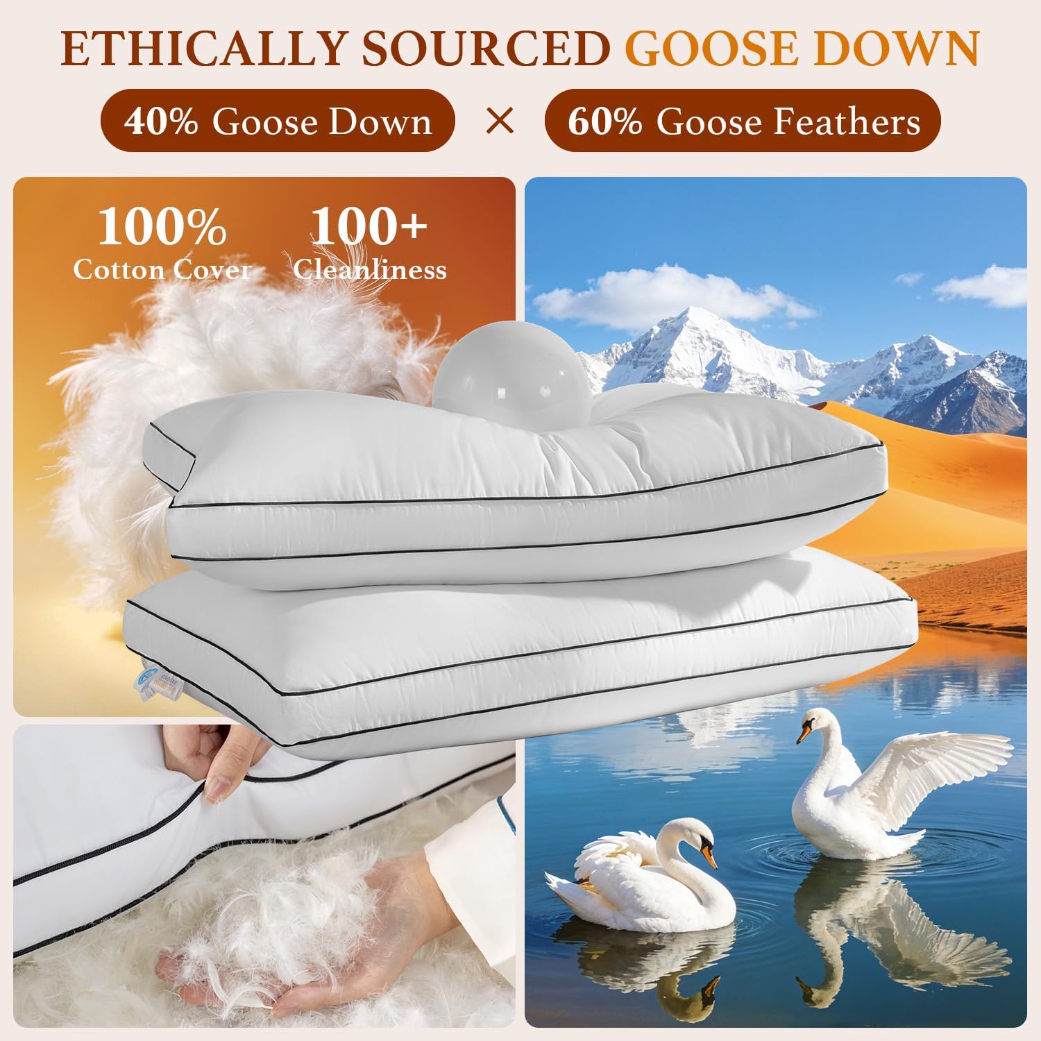 AiAngu Canadian Goose Down Pillow King Size Set of 2 Pack, 1050+ Fill Power, 100% Cotton Shell, Luxury Hotel Quality Bed Feather Pillow for…