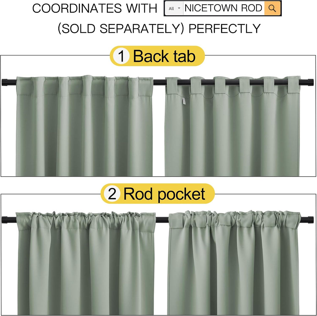 NICETOWM Window Treatment Curtain Panels - (Greyish Green Color) W42 x L50, 2 Pieces, Semi Blackout Window Treatment Drape Panel for Kids…
