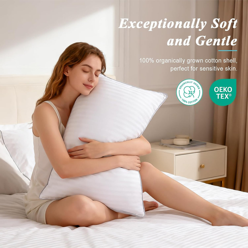 Bed Pillows Queen Size Set of 2-100% Cotton Cover, Down Alternative Gel Polyfill Filled, Flat Soft Medium Adjustable Hotel-Style Pillow…