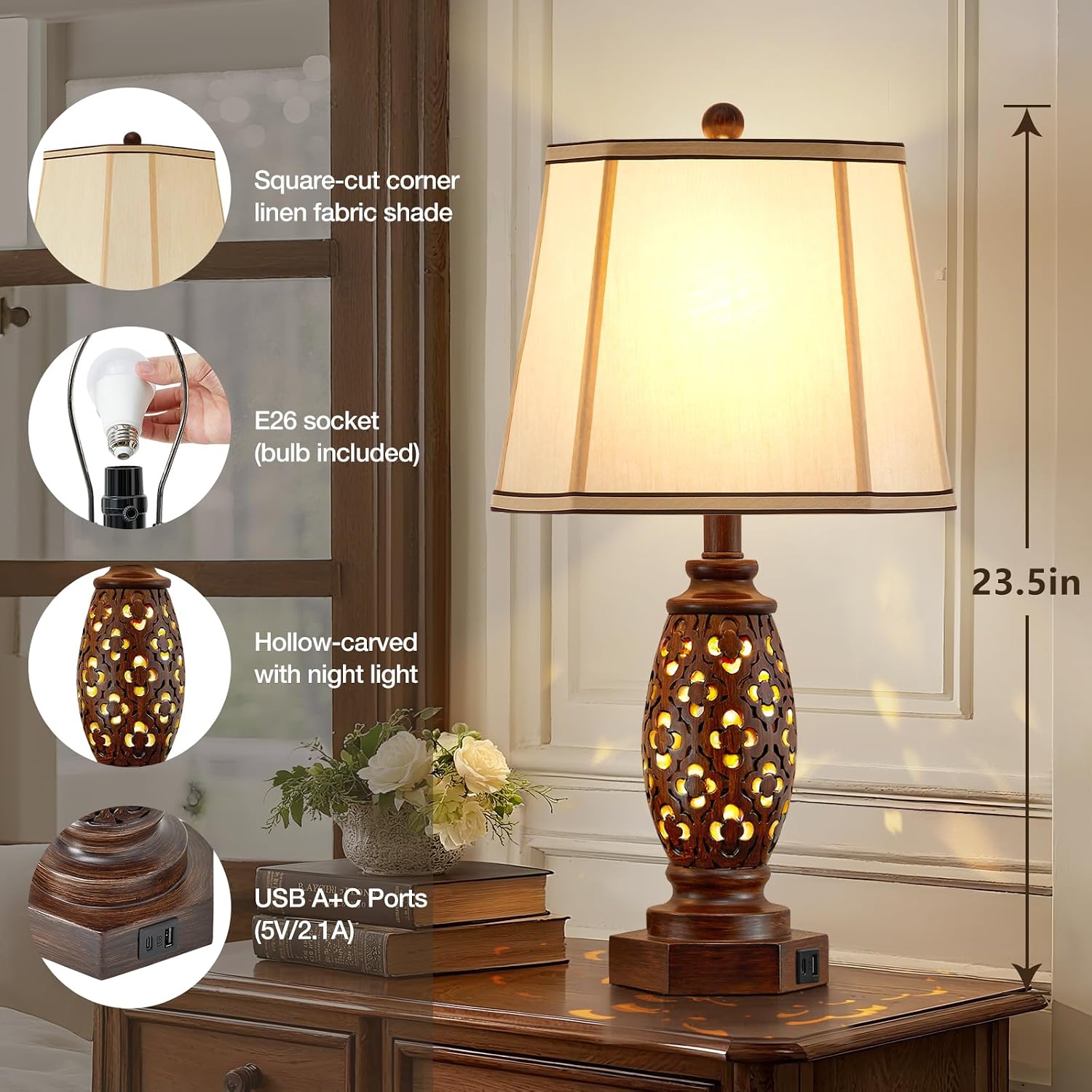 EJIAXIN Bedside Lamps Set of 2-23.5" Vintage Table Lamp with USB A+C and Nightlight - Brown Carved Resin Farmhouse Desk Lamp for…