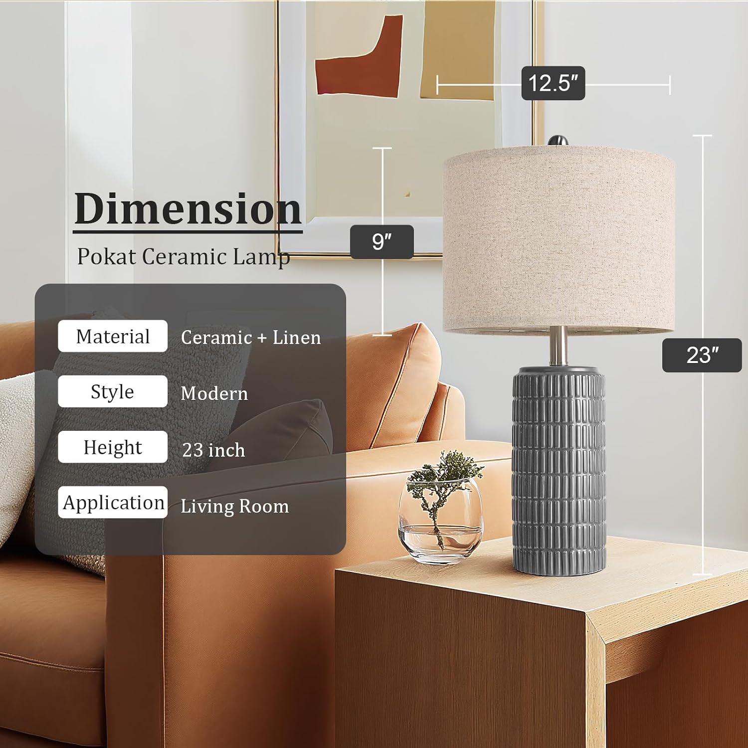 PoKat 23" Ceramic Dark Gray Table Lamps Set of 2 for Living Room, Modern Bedside Lamps for Bedroom, Farmhouse Nightstand Lamp for Home…