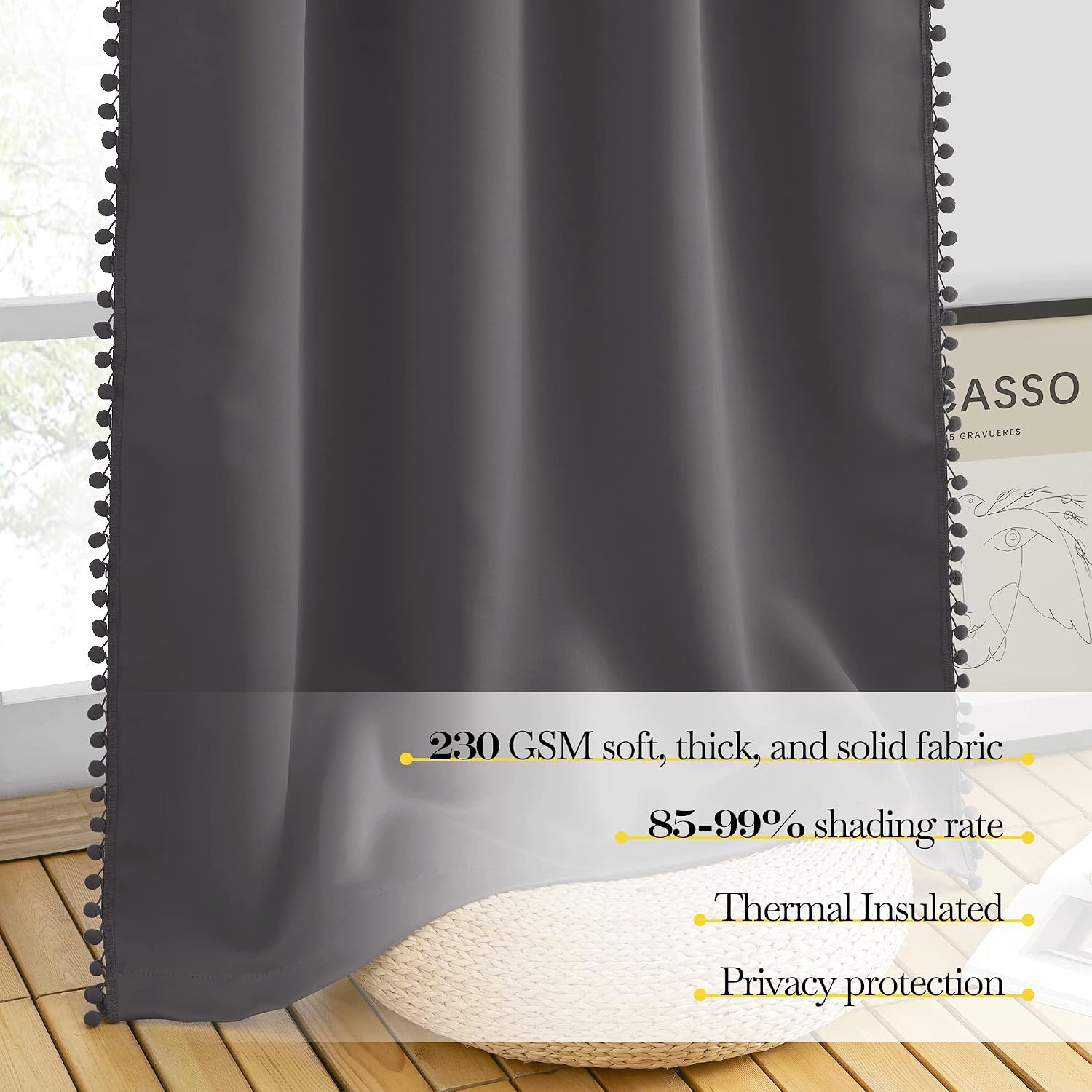 NICETOWN 2 Panels Blackout Curtains, Rod Pocket Pompoms Curtains 84 inches Length for Classroom, Thermal Insulated Cute Window Drapes for…