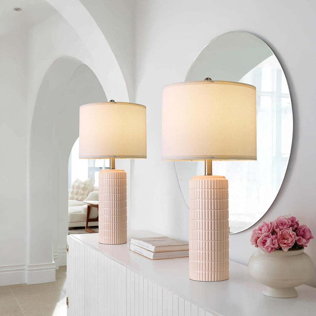 PoKat 27.5" Pink Ceramic Table Lamps for Girls Room Set of 2, Modern Bedroom Lamps, Bedside Lamps for Night Stands Living Room, Cute…