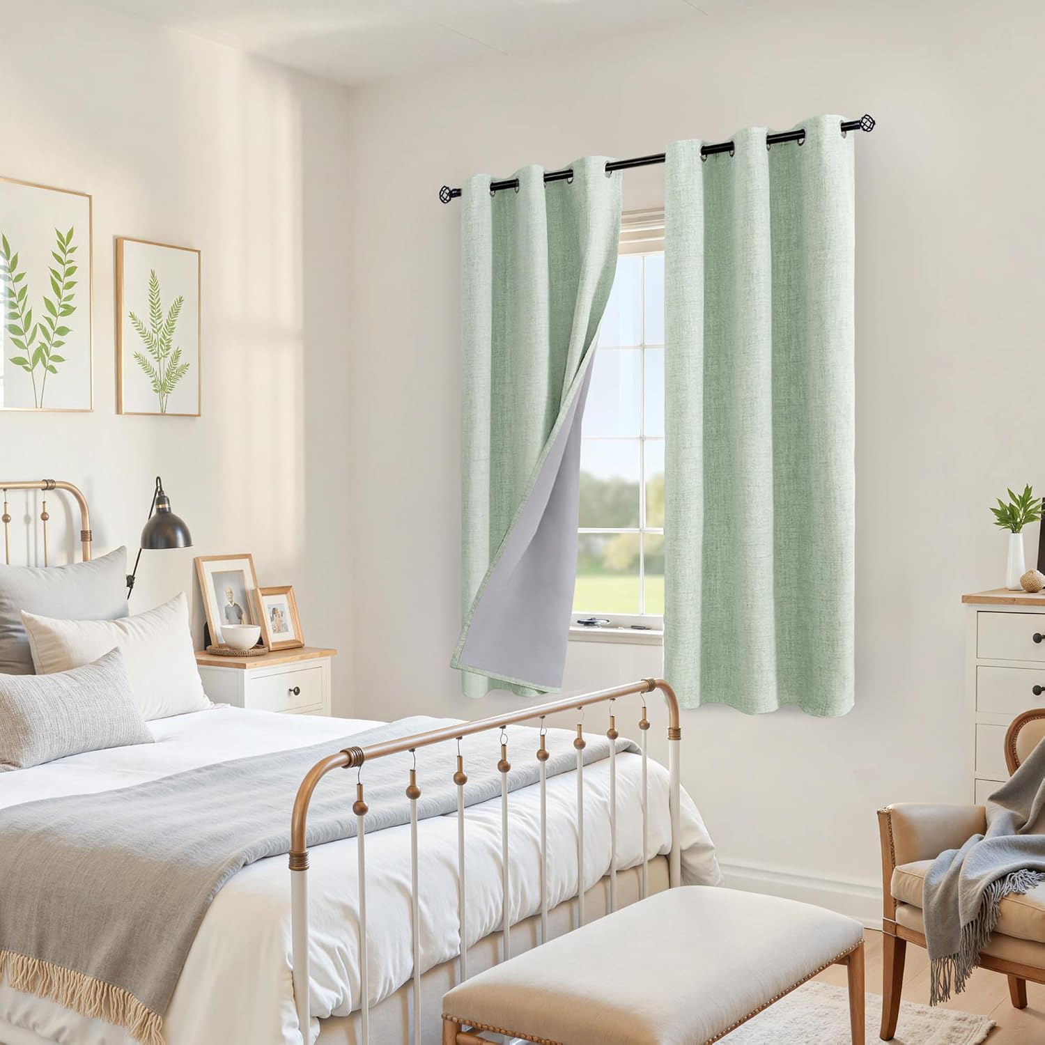 YoungsTex Sage Green Linen Blackout Curtains 63 Inch Length 2 Panels for Bedroom, Room Darkening Window Drapes with Grommet Thermal Insulat…