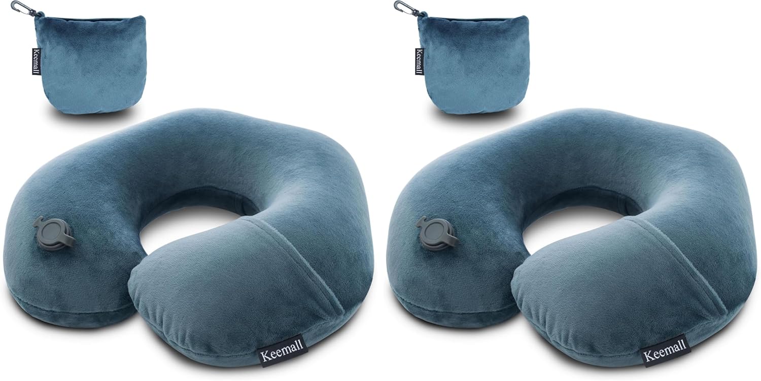 Keemall Inflatable Travel Neck Pillow for Airplane Train Car Washable Pillowcase U Shaped Office Napping Pillow (Pack of 2)