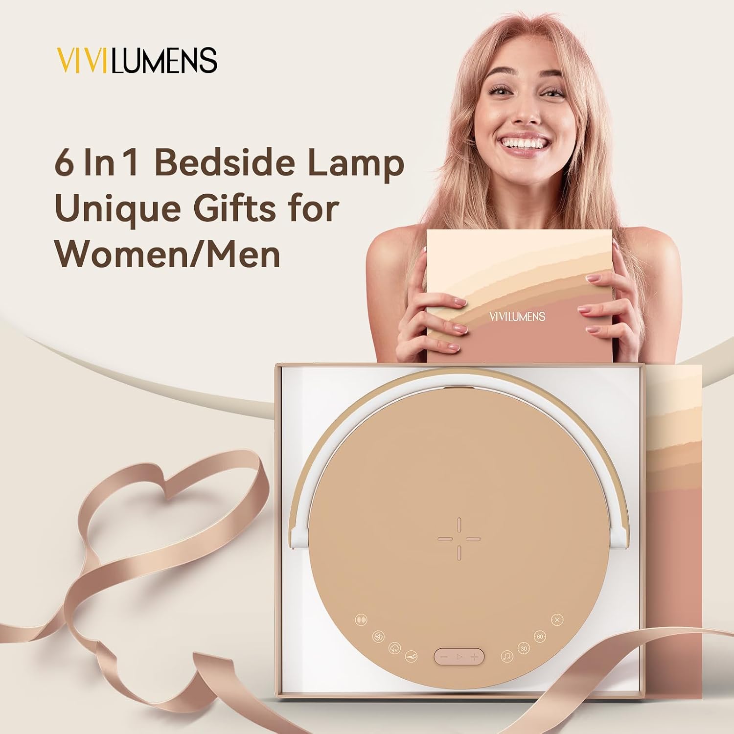 Vivilumens Birthday Gifts for Women 6 in 1 Bedside Lamps with Wireless Charger Bluetooth Speaker White Noise Machine Music Table Lamp…