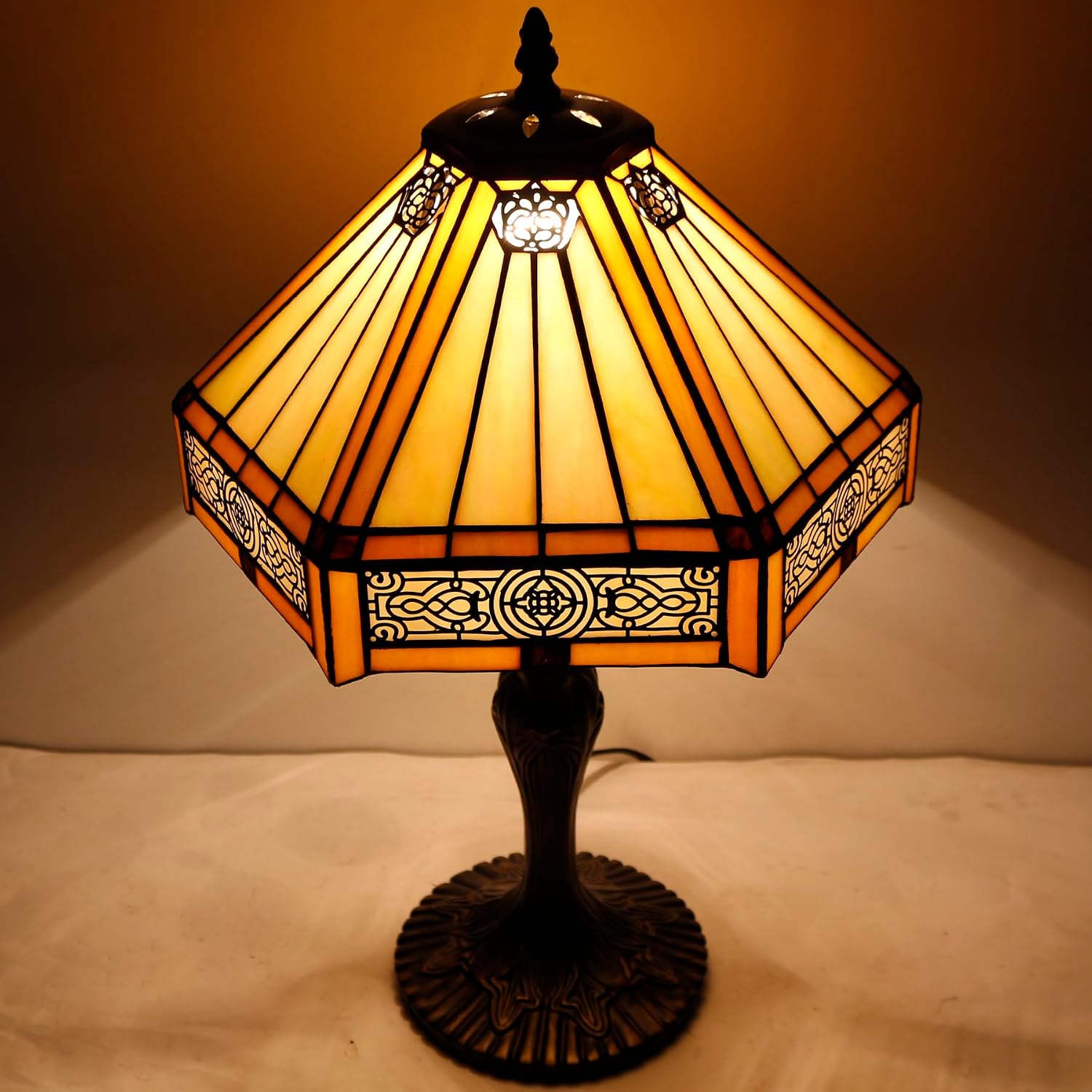 WERFACTORY Tiffany Lamp Yellow Hexagon Stained Glass Mission Style Table Lamp Desk Bedside Reading Light 12X10X18 Inches Decor Bedroom…