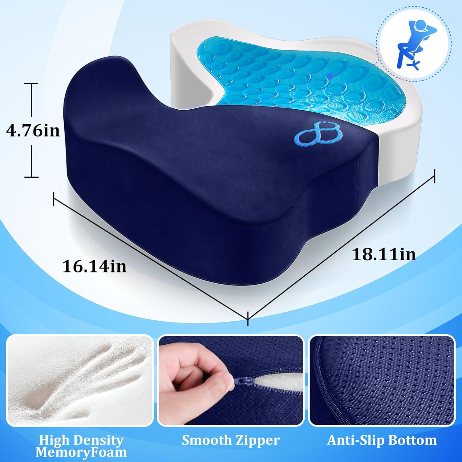 CushyOasis Seat Cushion, Gel Chair Cushions, Office Chair Cushions, Anti-Slip Bottom & Removable Cover Tailbone Cushion, Memory Foam Seat C…