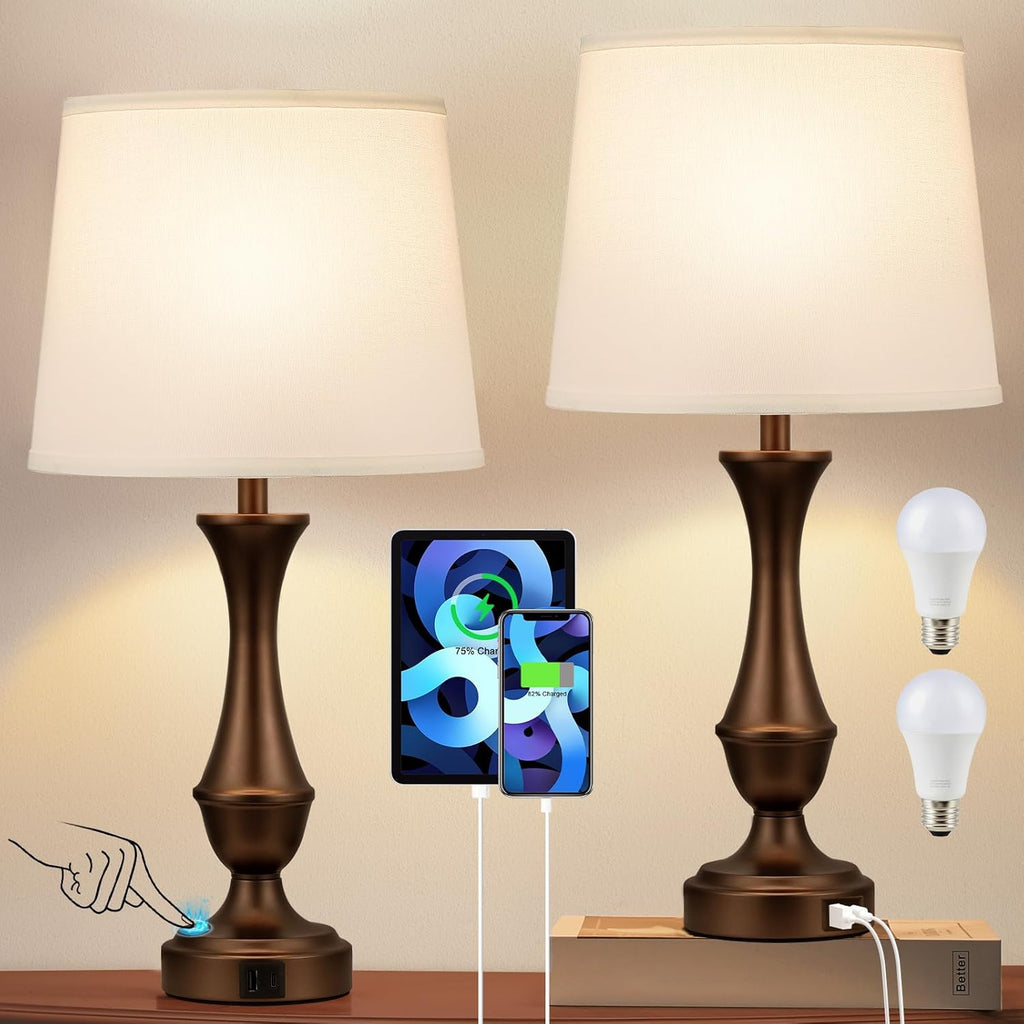 Seealle Upgraded Touch Lamps for Night Stands Set of 2 - Bedside Lamps with USB C+A, 3 Way Dimmable for Bedroom Living Room End Tables…