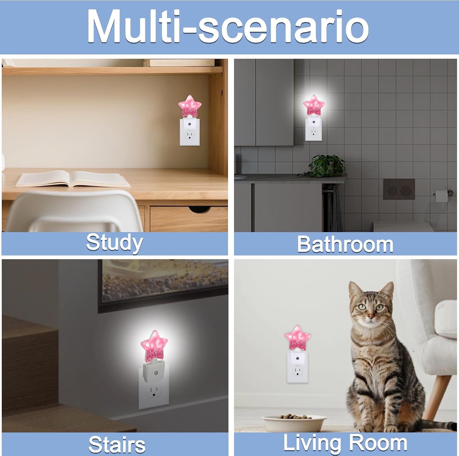 Snowmolle Pink Red Glittering Dusk to Dawn Star Night Light, Abstract Christmas Smart Sensor Nightlight for Bedroom Kitchen Hallway Stairs, P…
