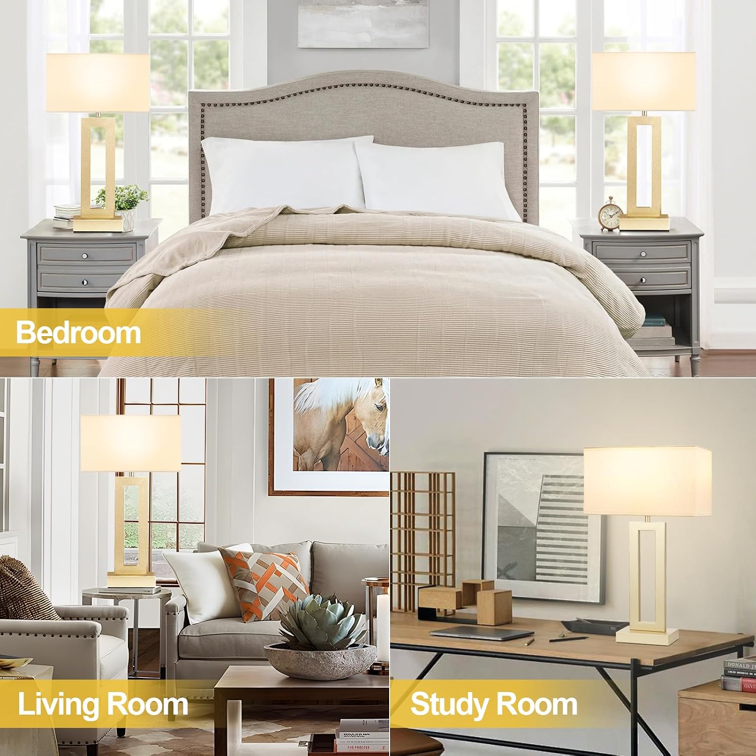 Seealle 22" Tall Bedroom Lamps for Living Room - Touch Gold Bedside Lamps with USB C+A, 3 Way Dimmable for Nightstand, Modern Night…