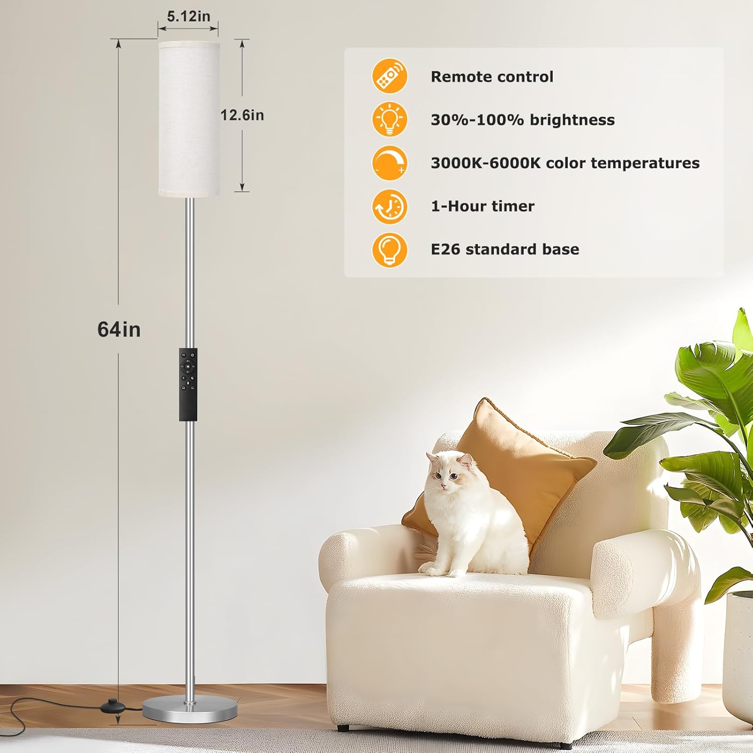 Ambimall 64'' Floor Lamps for Living Room with Remote Control and Stepless Dimmable Colors Temperature & Brightness, 9W Bulb…