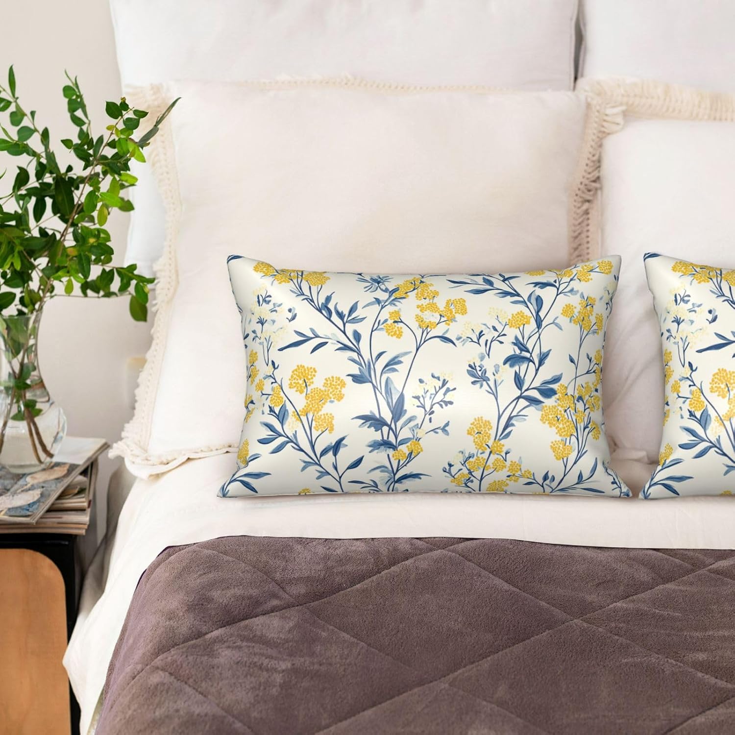 Imitation Silk Pillowcase for Hair and Skin Blue Leaves Bright Yellow Flowers 1 Pack Satin Queen Pillowcase with Hidden Zipper Cooling…