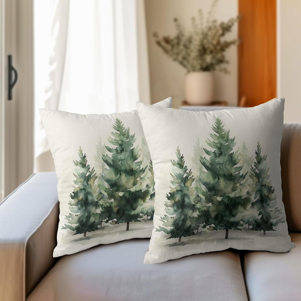 Granbey Watercolor Green Tree Throw Pillow Covers 20X20 Inch Set of 2 Green Christmas Tree Decorative Pillowcase Winter Nature Trees Holida…