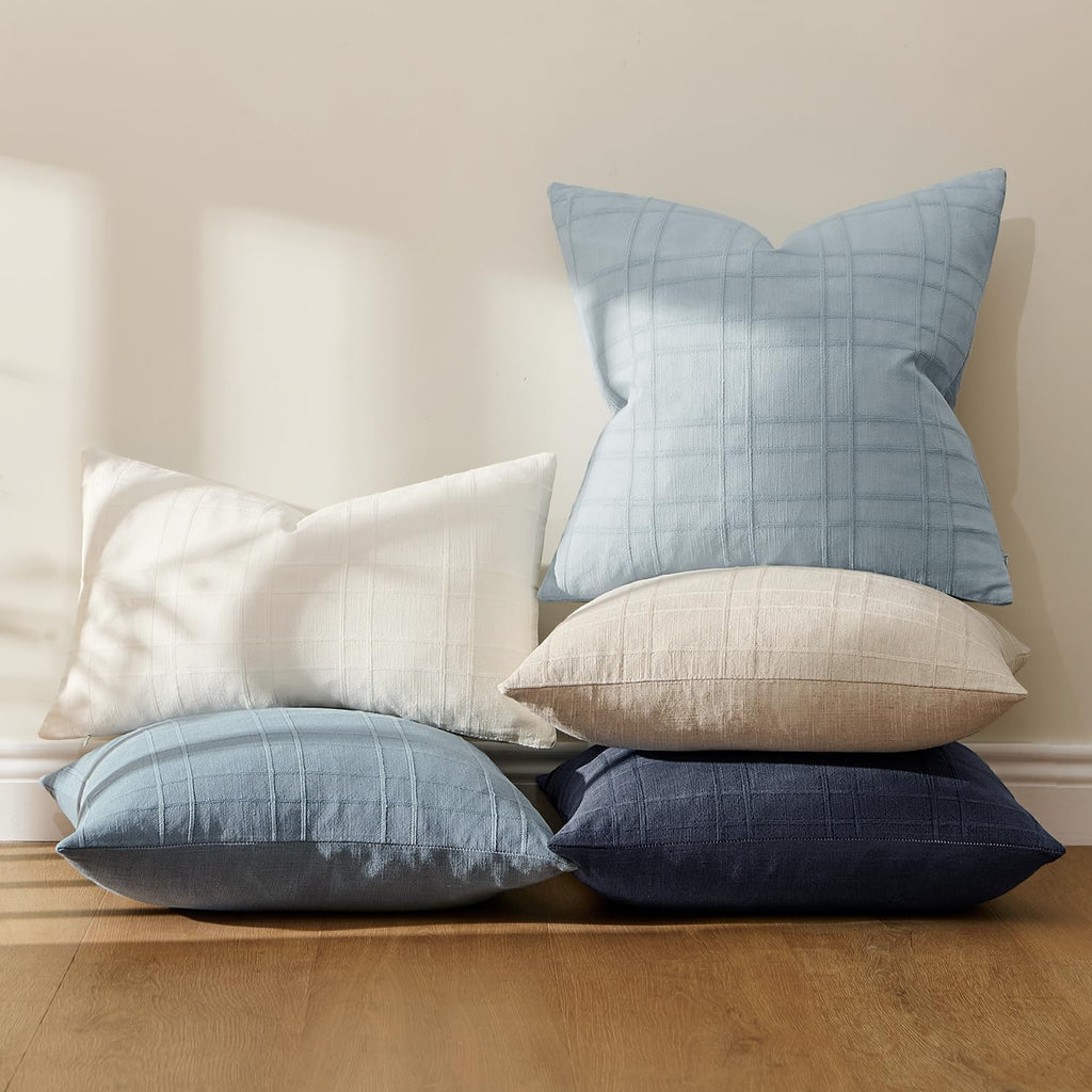 Miulee Decorative Linen Check Throw Pillow Covers Neutral Farmhouse Vintage Pillow Covers 20x20 Set of 2 Boho Modern Home Decor for Sofa Co…