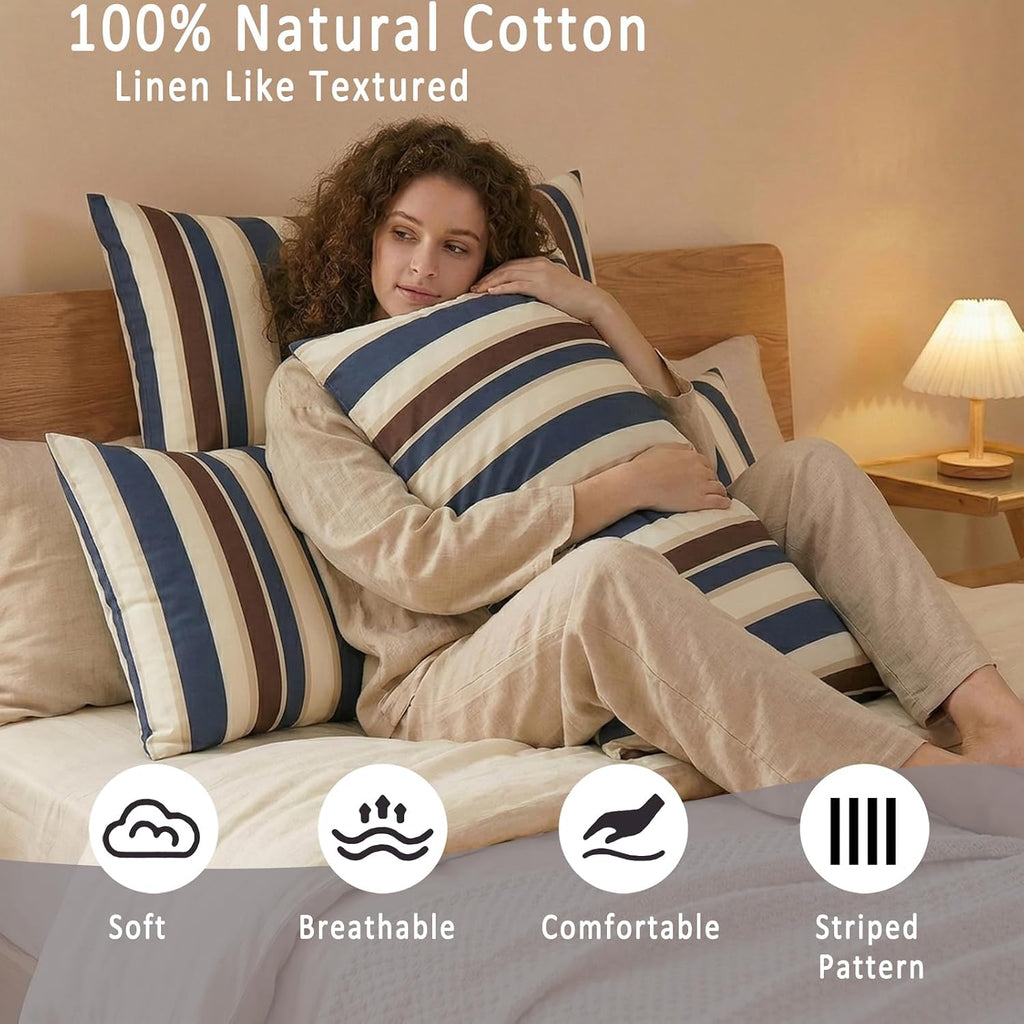Merryword 100% Cotton Pillow Cases, King Size Pillowcases, Blue Striped Pillowcases, Luxury Linen Like Pillowcase, Soft Breathable Cabana S…