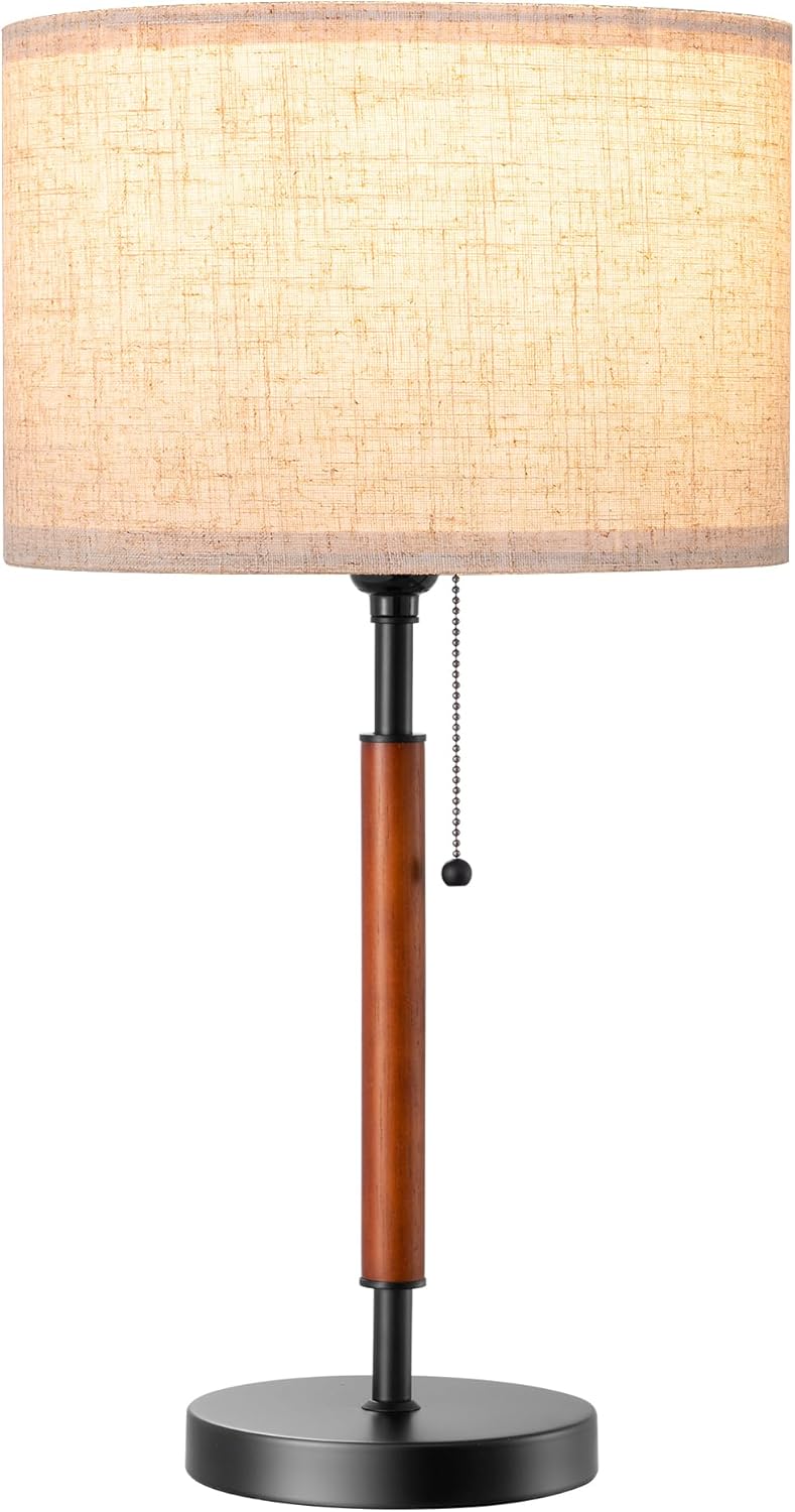EDISHINE Mid Century Table Lamp, Pull Chain Switch Bedside Lamp with Linen Shade, Solid Wood Pole & Black Metal Base, Modern Nightstand…