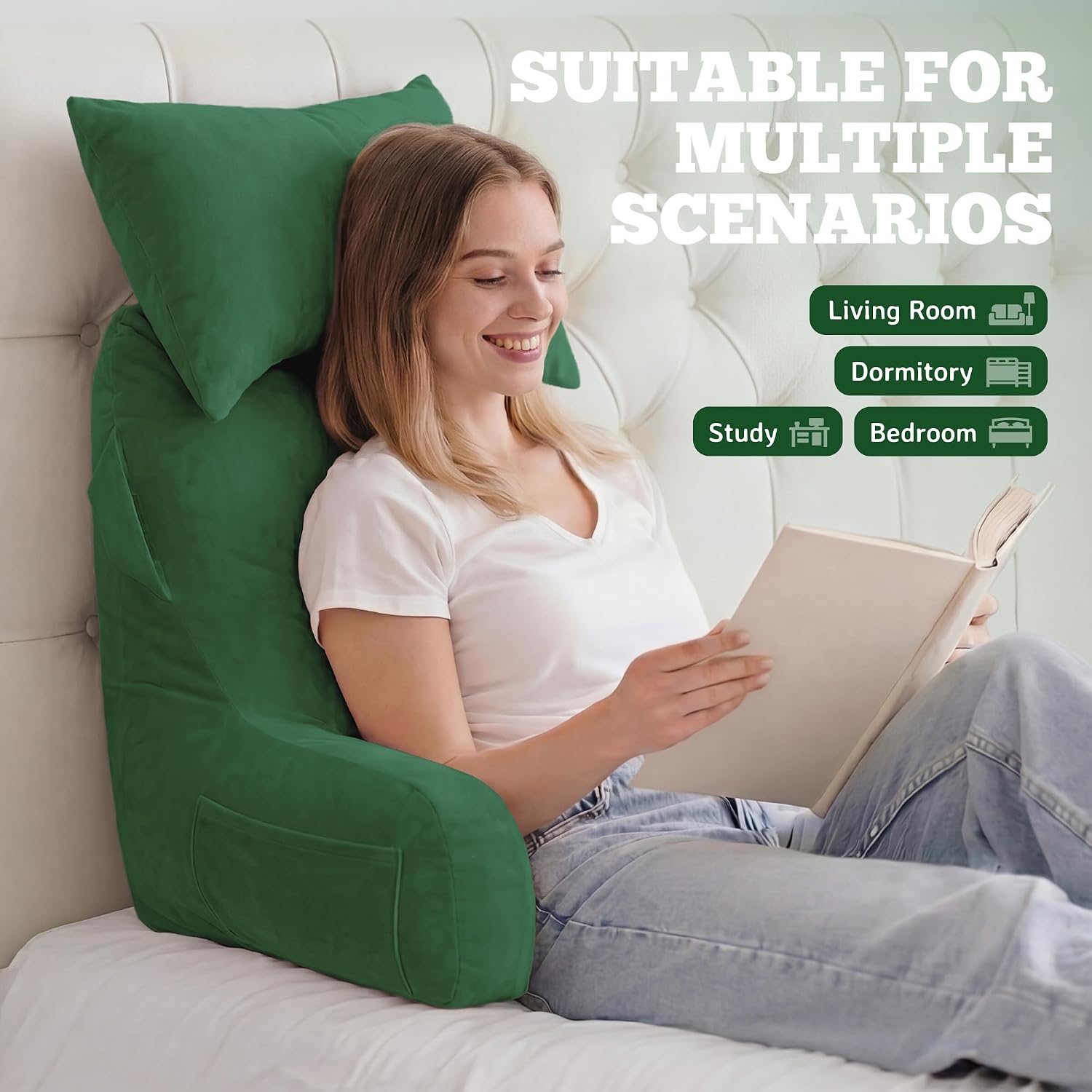 Unisakey Portable Reading Pillows with Headrest for Bed Sitting Up(Green Oeko-Tex), Velvet Back Pillow with Arms & Pockets for Adults…