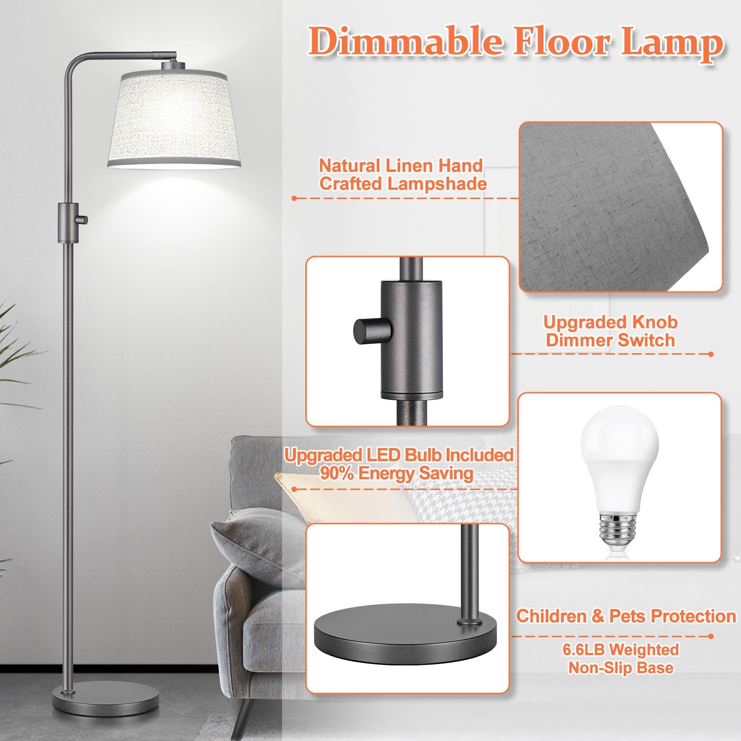 Upgraded】 Dimmable Floor Lamp, 1000 Lumens LED Edison Bulb Included, Arc Floor Lamps for Living Room Modern Standing Lamp with Linen…