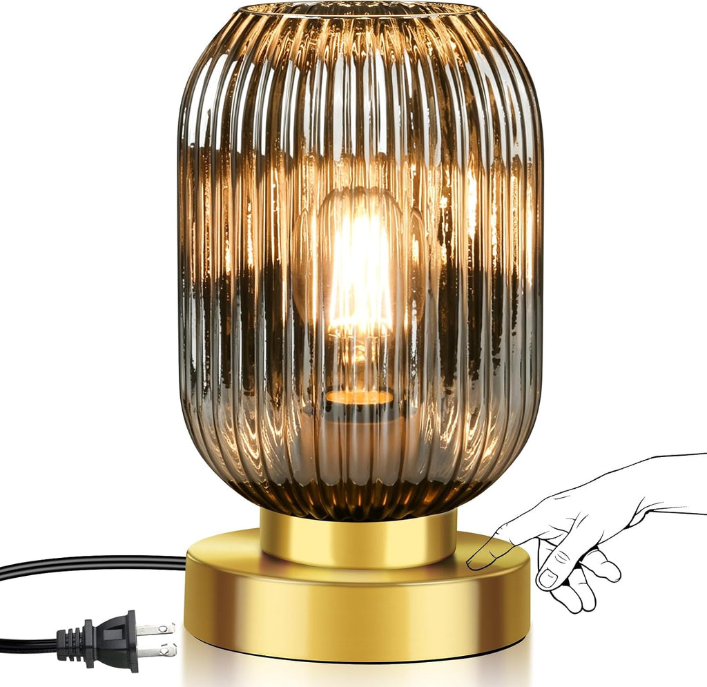 Ledikon Mid Century Modern Table Lamp with Smoke Grey Ribbed Glass Shade, Touch Control & 3 Way Dimmable, Small Gold, Vintage Bedside Lamp…