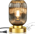 Ledikon Mid Century Modern Table Lamp with Smoke Grey Ribbed Glass Shade, Touch Control & 3 Way Dimmable, Small Gold, Vintage Bedside Lamp…