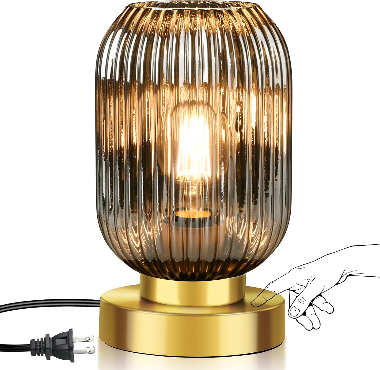 Ledikon Mid Century Modern Table Lamp with Smoke Grey Ribbed Glass Shade, Touch Control & 3 Way Dimmable, Small Gold, Vintage Bedside Lamp…