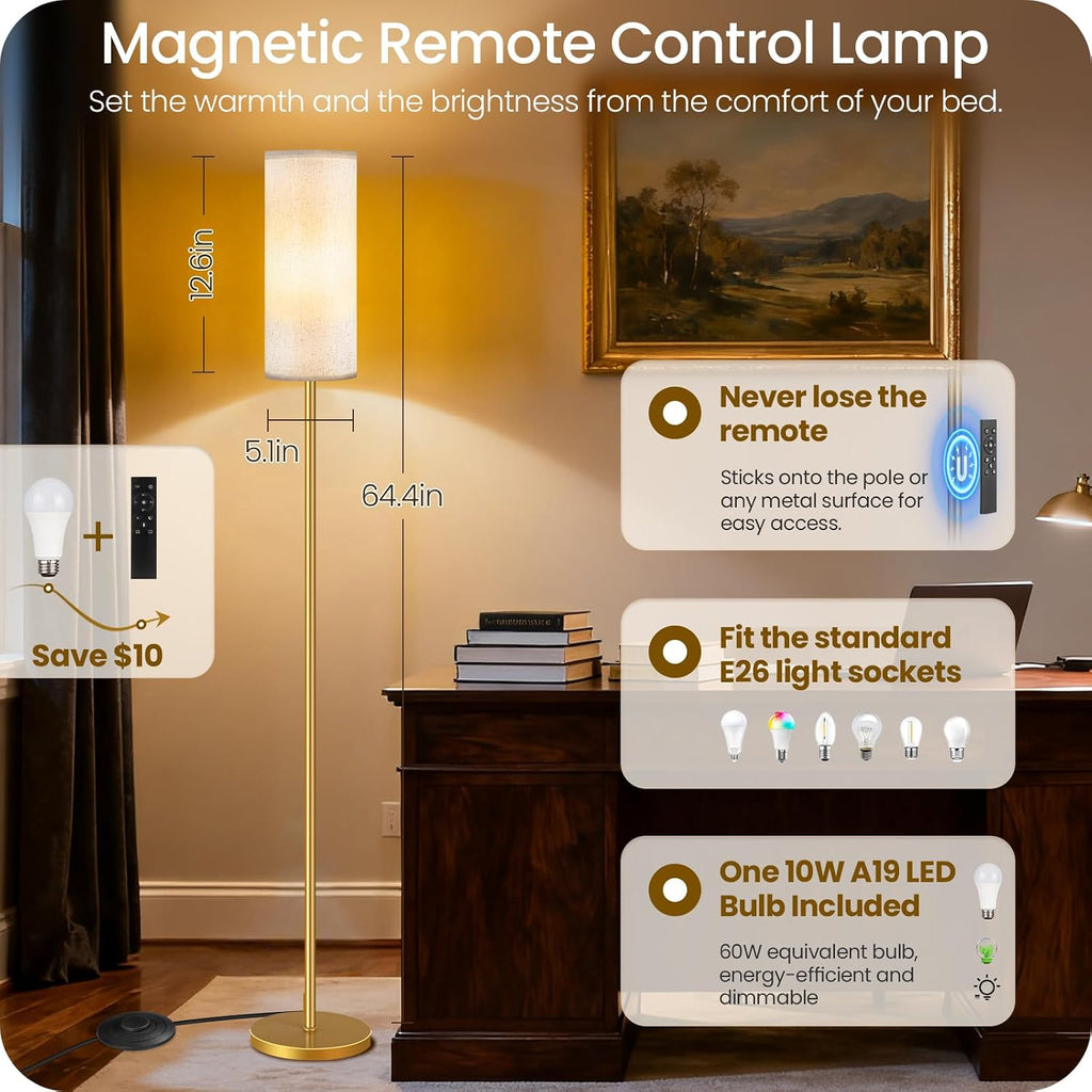 Dimmable Floor Lamp for Living Room with Remote and Foot Switch, Standing Tall Lamp, Bulb Included, 3000K-6500K, Beige and Gold, FCC…