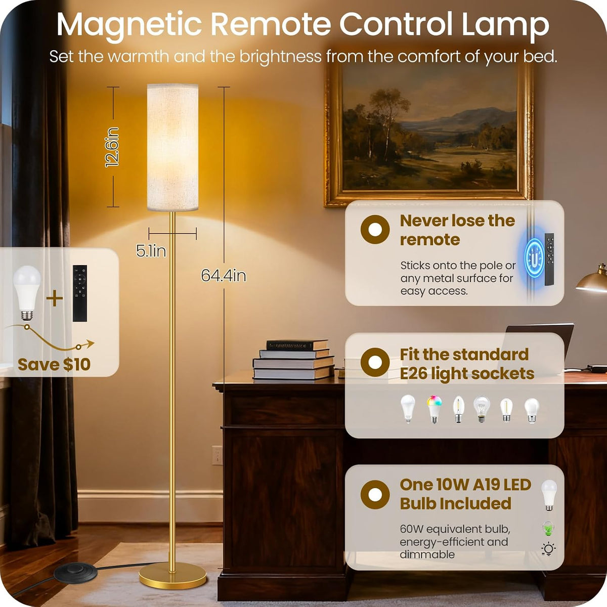 Dimmable Floor Lamp for Living Room with Remote and Foot Switch, Standing Tall Lamp, Bulb Included, 3000K-6500K, Beige and Gold, FCC…