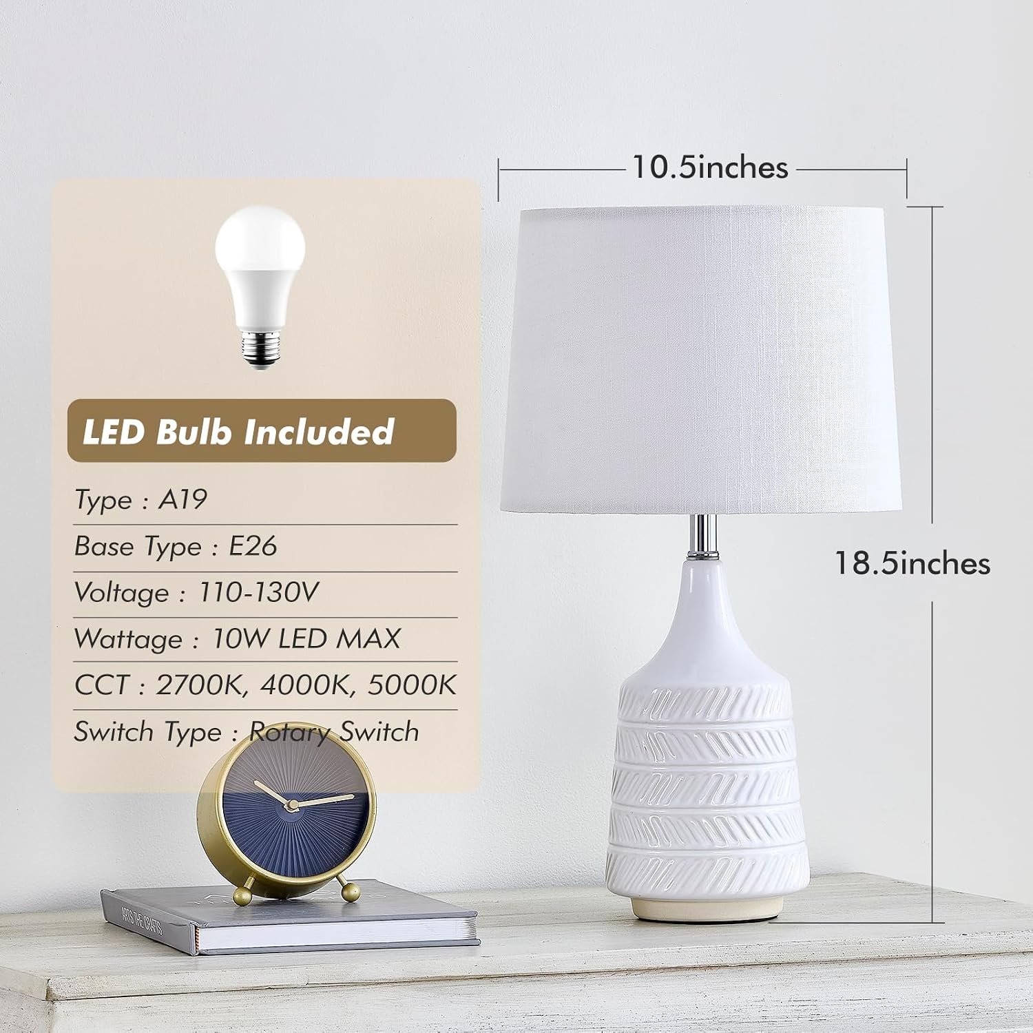 Modern Ceramic Table Lamp, White Desk Lamp 18.5" for Living Room Bedroom Dorm Farmhouse Office Bedside Night Stand End Corner, 3-Color…