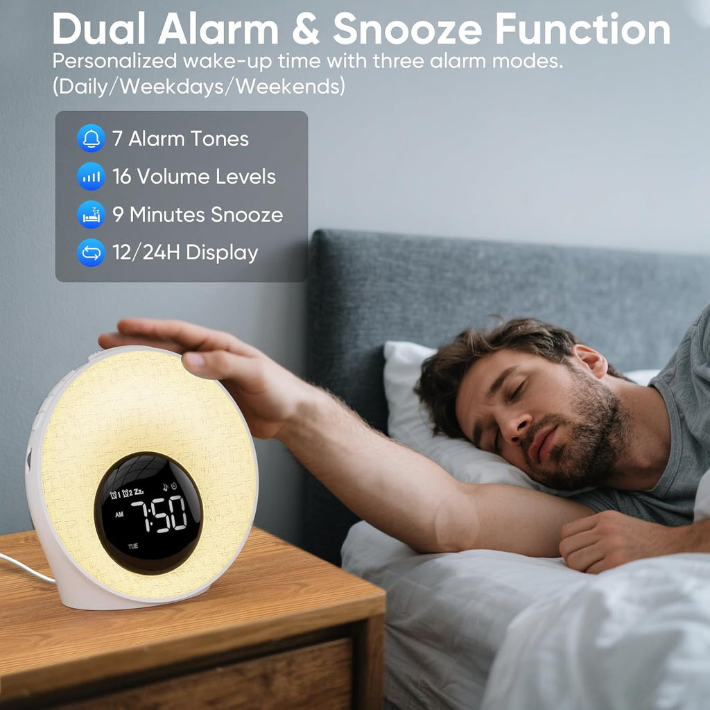 AFEXOA Sunrise Alarm Clock with Wake Up Light, White Noise Machine with 30 Soothing Sounds, 8 Color Dimmable Night Light, Dual Alarms for…