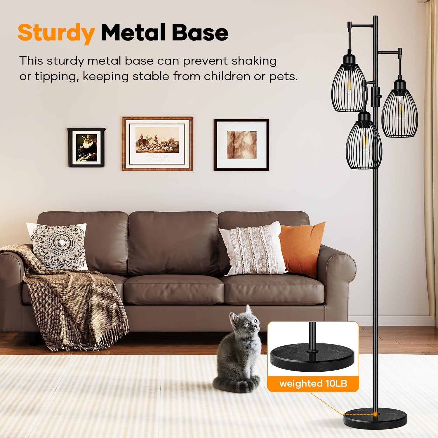 Dimmable Floor Lamp,3x800LM LED Bulbs Included, Farmhouse Industrial Floor Lamp Standing Tree Lamp with Teardrop Cage Head Tall Lamp for…