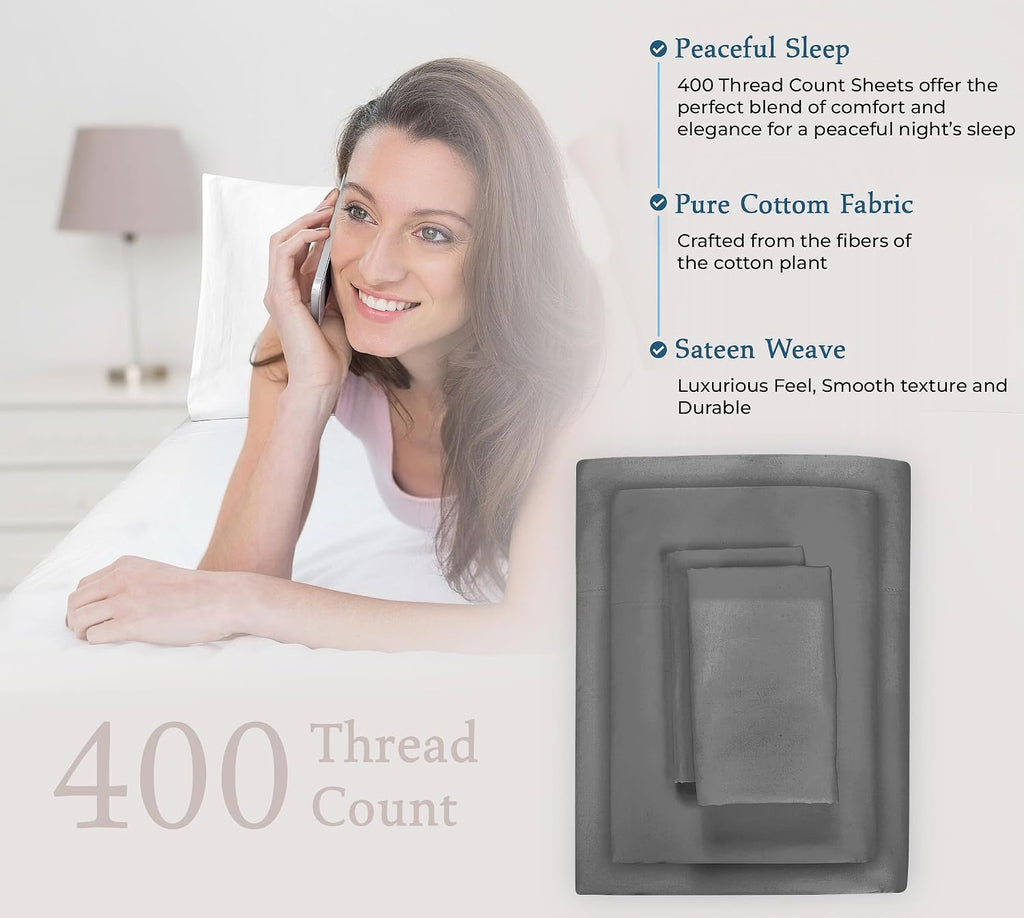 Royalelinens ROYALE LINENS 400 Thread Count 100% American Grown Cotton 4 Piece Sateen Queen Sheet Set - 1 Fitted Sheet, 1 Flat Sheet, 2 Pil…