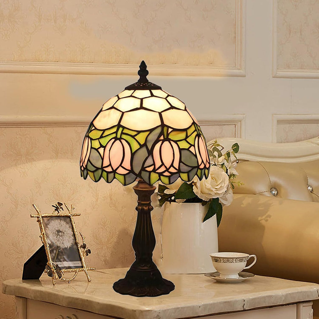 Tiffany Style Table Lamp, Pink Tulip Stained Glass Lamp, 8 Inch Small Antique Lamp, for Bedside Nightstand Bedroom Living Room Home…