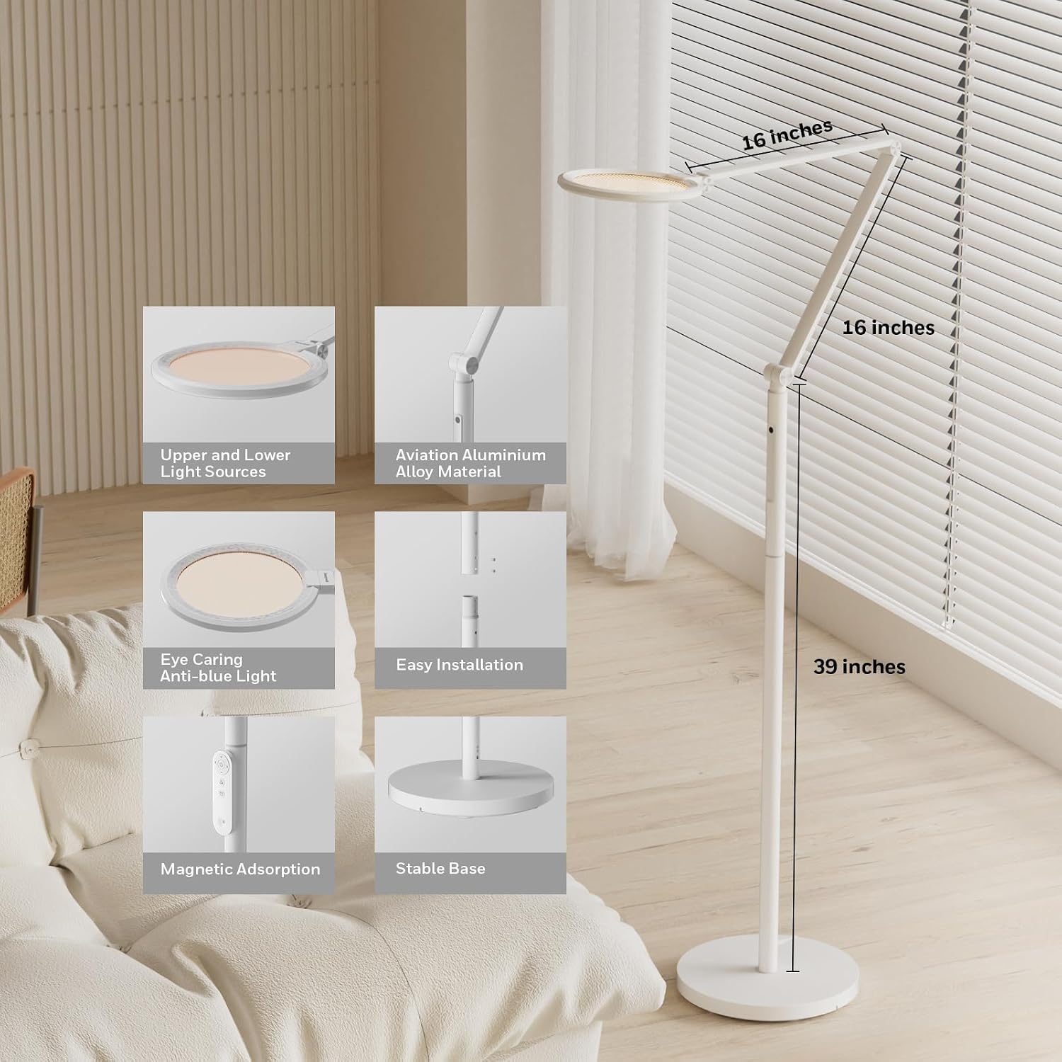 Honeywell LED Floor Lamp - F01WT SunturaluxTM Eye Caring Dimmable Standing Light with Remote, Bright Natural Daylight 5 Colors & 5…