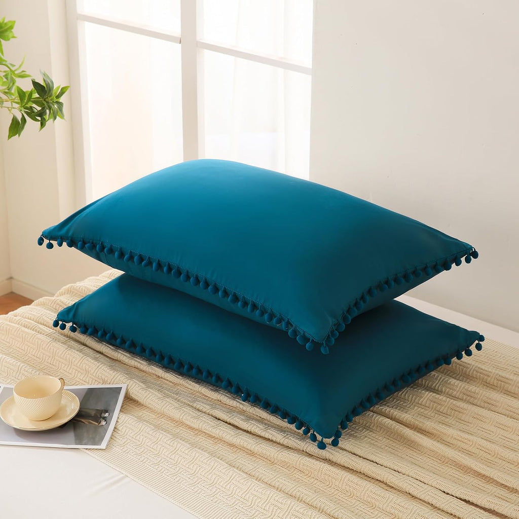 Moveover Move Over Teal Pom Poms Pillow Cases, Boho Pillowcases Set of 2, 100% Soft Washed Microfiber, Teal Blue Pillow Shams King, 2 Pack…