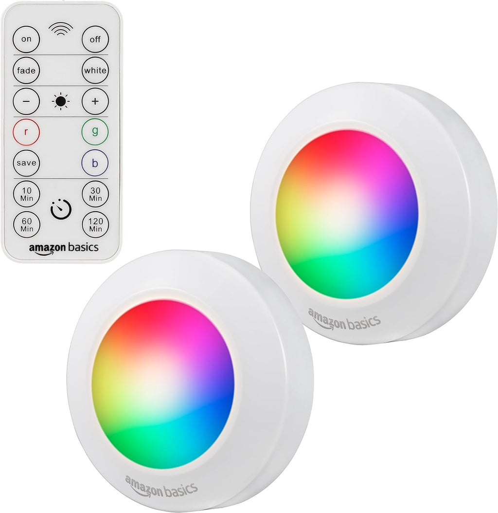 Amazon Basics LED Puck Lights, Color Changing, Battery Operated, IR Remote, 40 Lumens, Under Cabinet Lighting, Wireless Stick on Lights…
