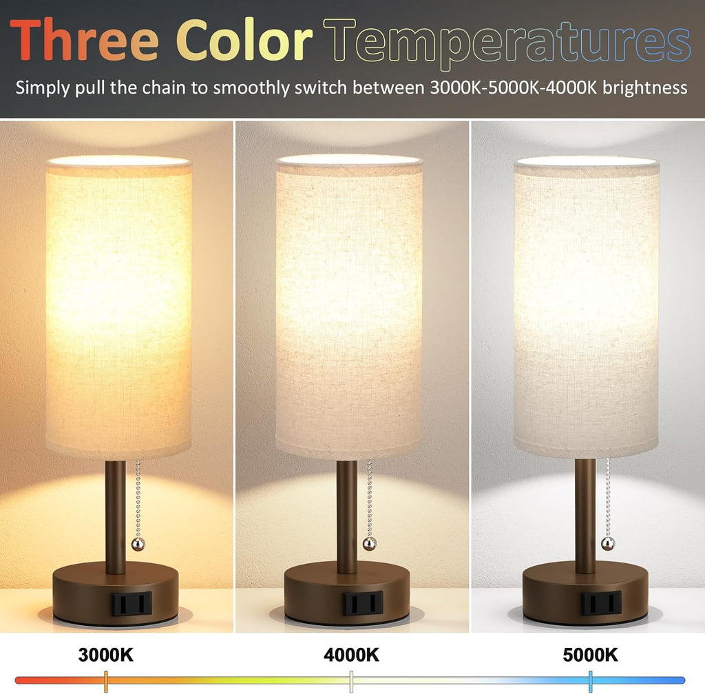 Fenmzee Brown Bedside Table Lamps Set of 2-3 Color Temperatures Pull Chain Lamp with AC Outlet Charging Port, Small Round Night Stand…