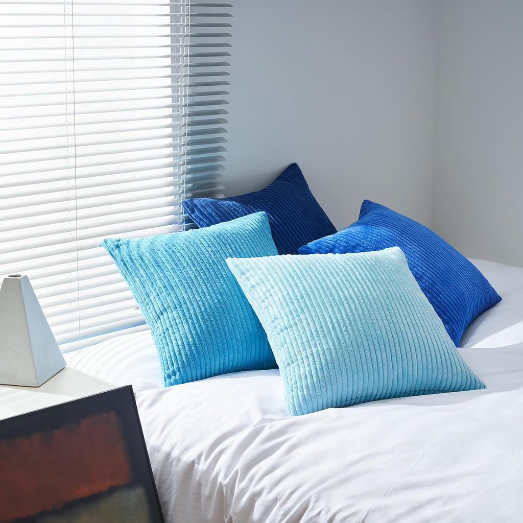 Topfinel Blue Decorative Throw Pillow Covers 16x16 Inch Set of 4, Soft Accent Corduroy Striped Gradient Color Small Cushion Cover for Beach,…