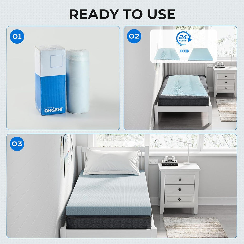 OhGeni 3 Inch Twin Size Memory Foam Mattress Topper Pad with Cover, Egg Crate Foam with Anti-Slip Base, Enhanced with Cooling Gel, Removable…