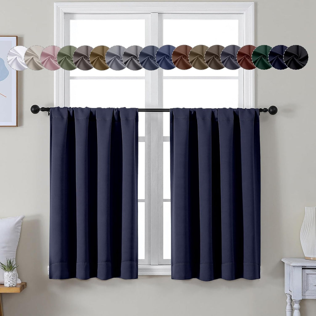Simplebrand Ava Navy Blue Short 36 Inches Blackout Curtain 2 Panels Set, Half Window Rod Pocket Privacy Curtain Tiers for Kitchen, Curtains…