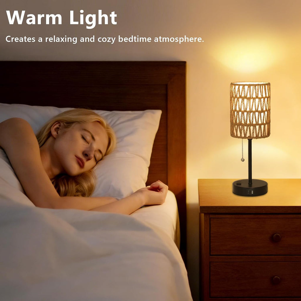 Rattan Bedside Table Lamps Set of 2 - Boho Lamps With 3 Color Temperatures & USB AC Port, Pull Chain Table Lamp For Bedroom, Cute Small…