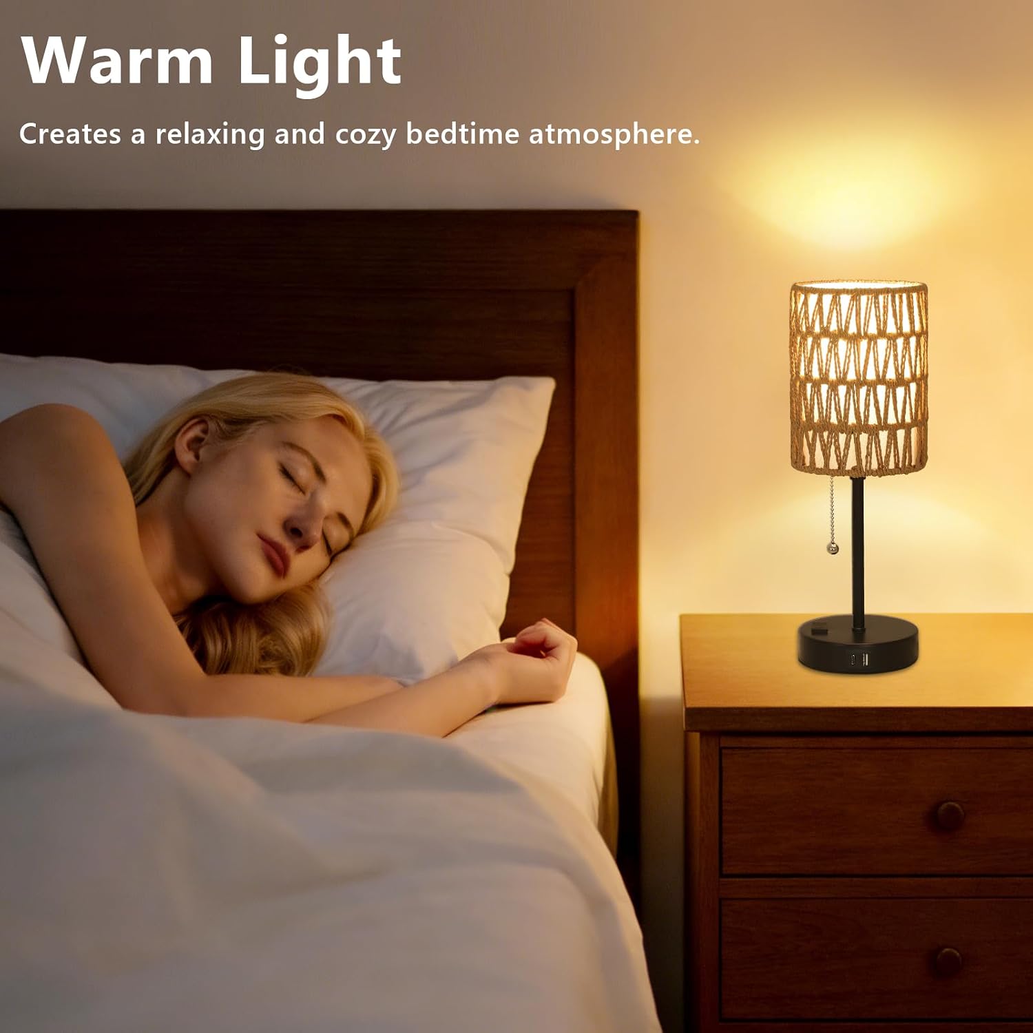 Rattan Bedside Table Lamps Set of 2 - Boho Lamps With 3 Color Temperatures & USB AC Port, Pull Chain Table Lamp For Bedroom, Cute Small…