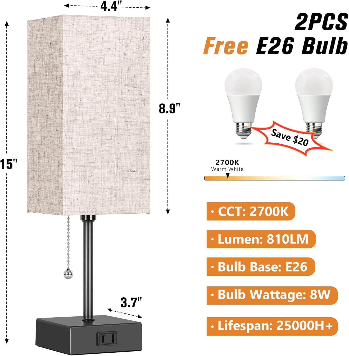 Table Lamp for Bedroom Set of 2, Bedside Lamps with 3 Color Temperatures Night Light, Lamp for Night Stands with AC Outlet and Square…