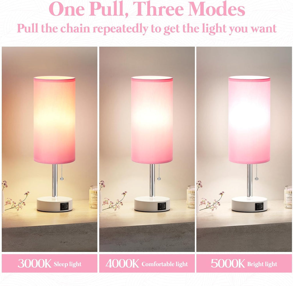 Dicoool Pink Bedside Table Lamp for Bedroom, Small Nightstand Lamp for Girls Kids, 3 Color Temperatures & USB Charging Port, Cute Desk…
