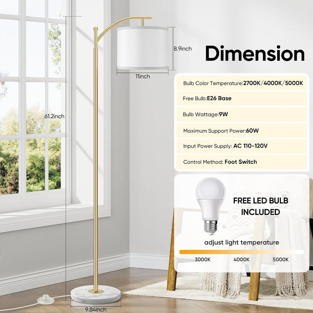 ROTTOGOON Gold Floor Lamp for Living Room with Marble Base, Modern Standing Lamp with 3 Color Temperatures Bulb & Adjustable Linen Shade…