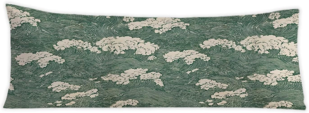 Japanese Waves 20x54 Body Pillow Cover, Japandi Home Decor, Traditional Oriental Forest Green Sea Waves Decorative Long Body Pillow Cases…